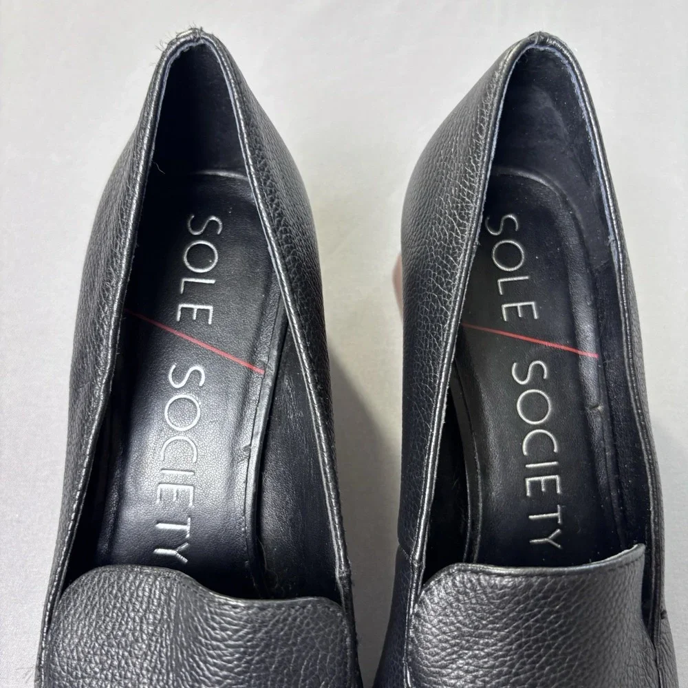 Sole Society Women's 7 Genuine Leather Black Block Heel Slip On Pointed Toe‎